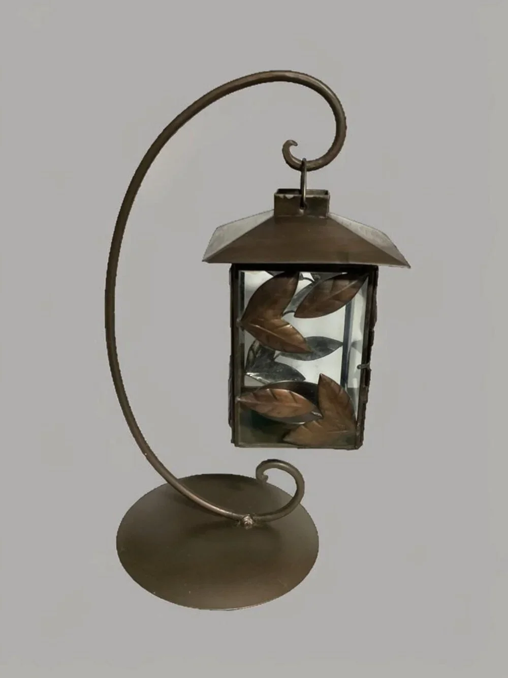 Decorative Lantern With Leaf Design On Stand For Indoor Tabletop Or Shelf Displa